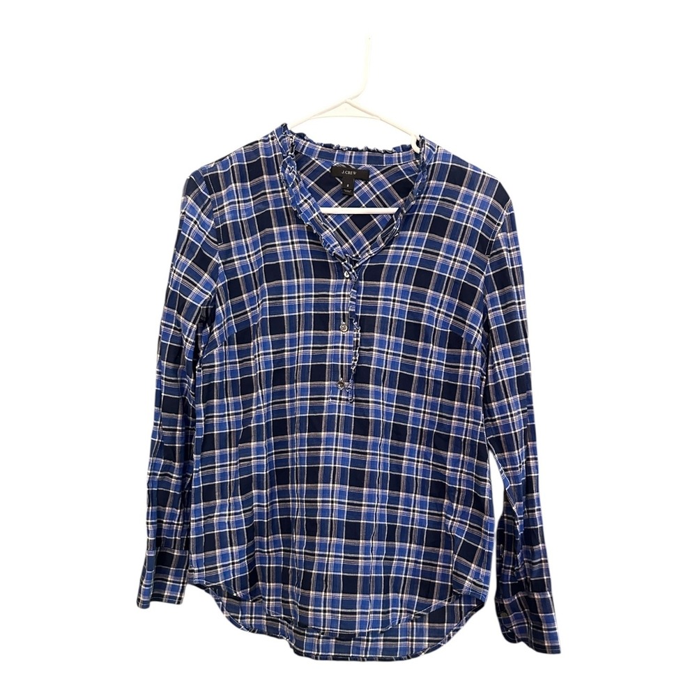 J.Crew Plaid Lightweight Long Sleeve Ruffle Neck Popover Tunic Blouse Women's 2
